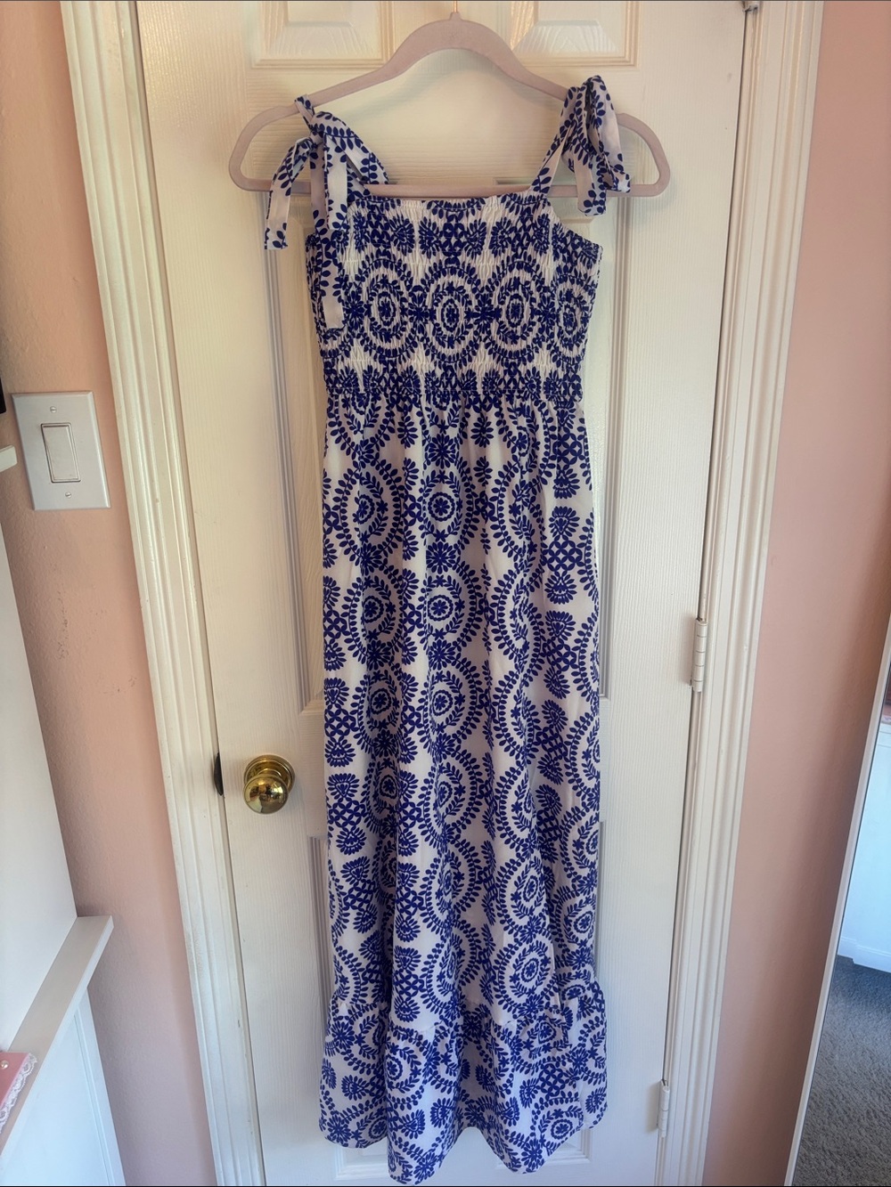 Blue & White Pattern Tie-Shoulder Maxi Dress